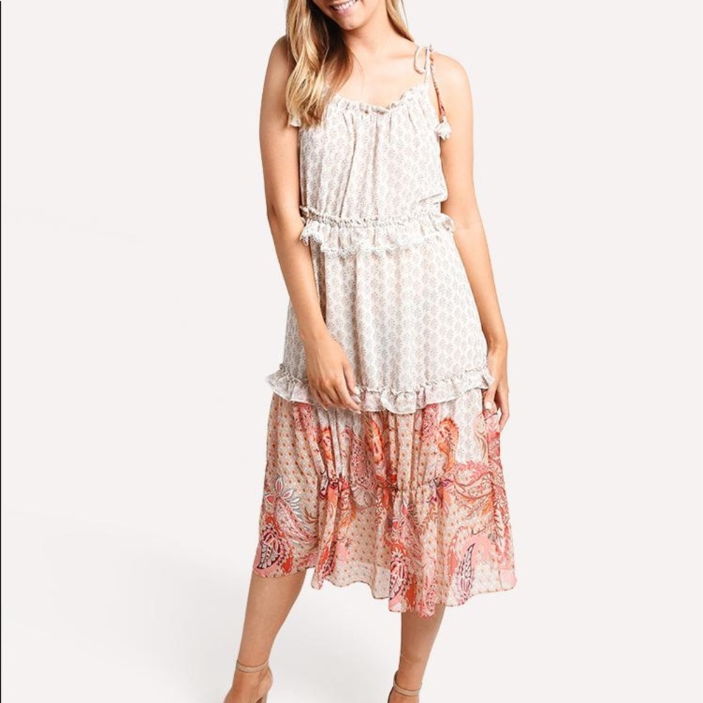 Misa Los Angeles White and Coral Printed Midi Dress